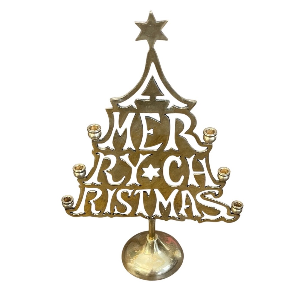 Solid Brass Christmas Tree Candleholder 13" Merry Christmas Vintage Star
